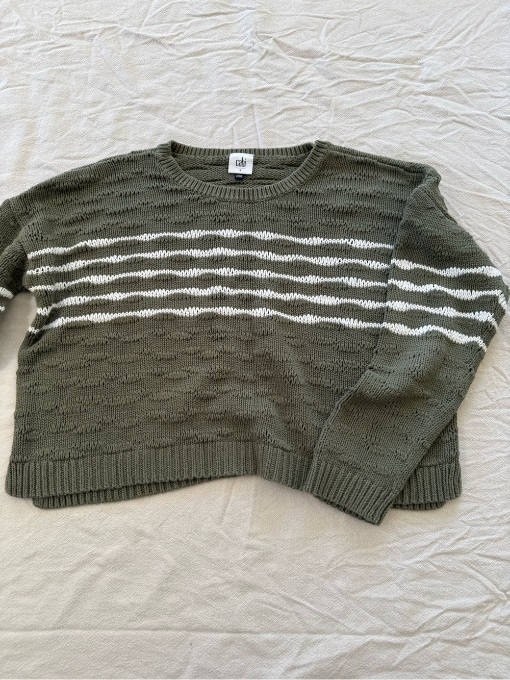 Cabi Scout Pullover #5829 Olive Green Striped Boxy Sweater [S]